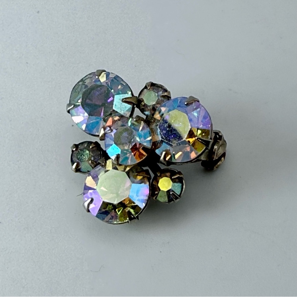 Vintage Aurora Borealis AB Rhinestone Brooch Pin MCM Silver Tone Costume Jewelry